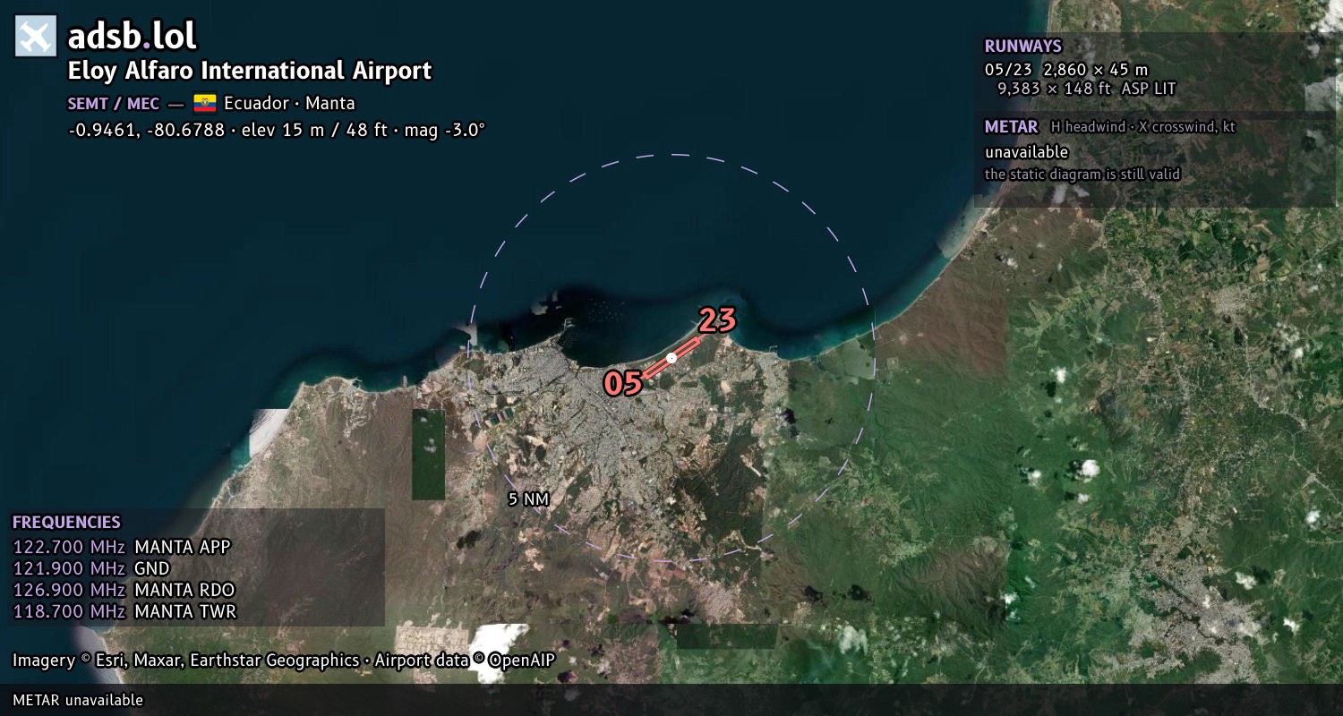 Satellite map with the runway layout of Eloy Alfaro International Airport (SEMT)