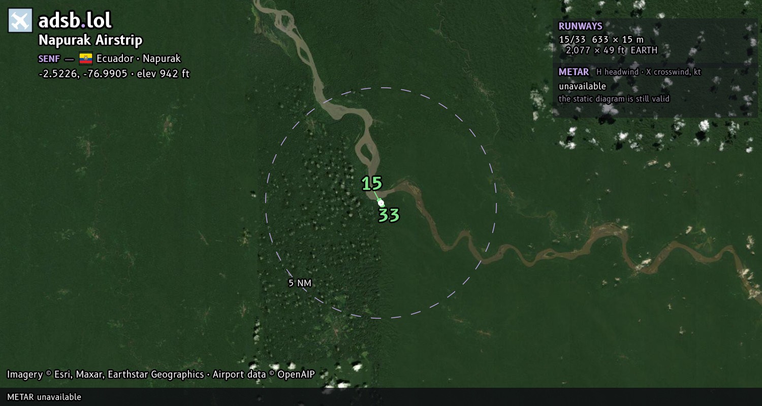 Satellite map with the runway layout of Napurak Airstrip (SENF)