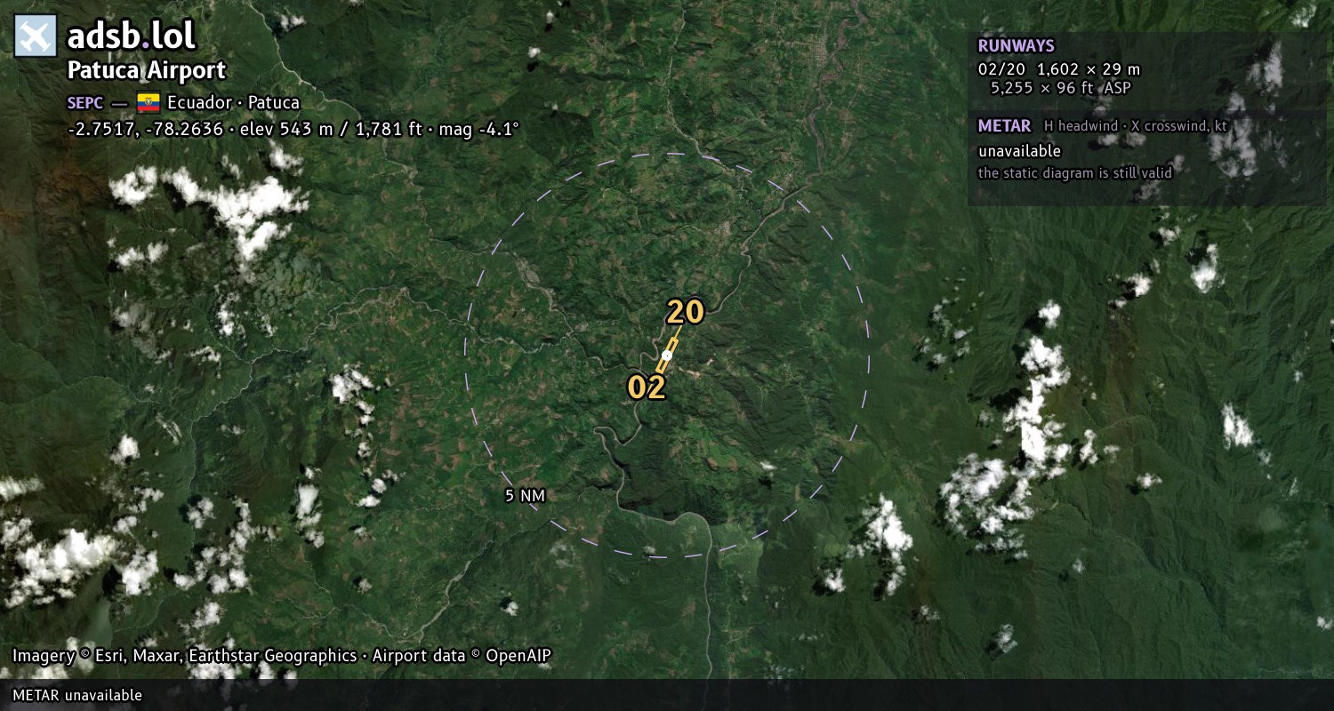 Satellite map with the runway layout of Patuca Airport (SEPC)