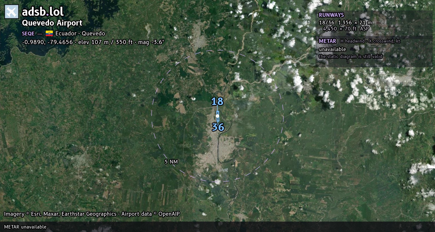 Satellite map with the runway layout of Quevedo Airport (SEQE)