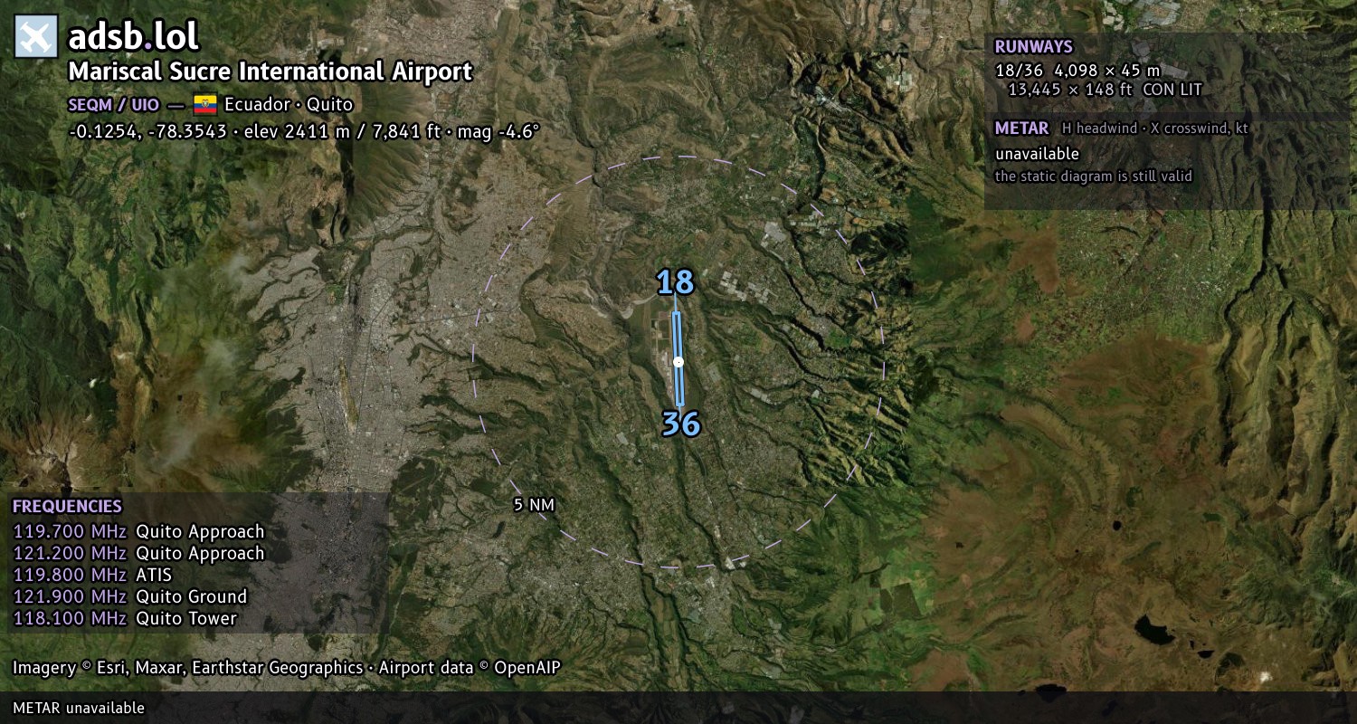 Satellite map with the runway layout of Mariscal Sucre International Airport (SEQM)