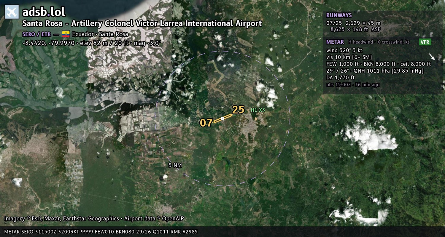 Satellite map with the runway layout of Santa Rosa - Artillery Colonel Victor Larrea International Airport (SERO)