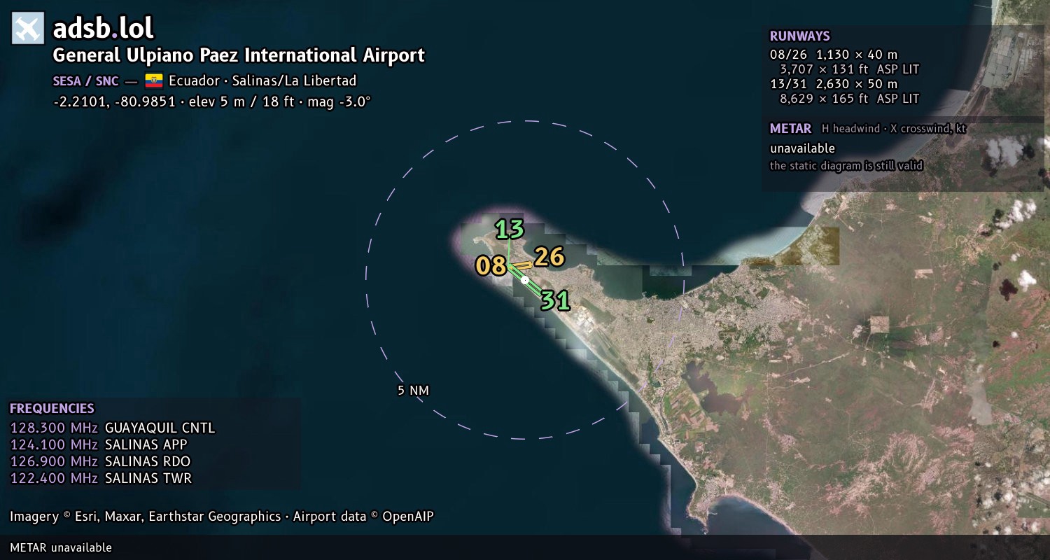 Satellite map with the runway layout of General Ulpiano Paez International Airport (SESA)