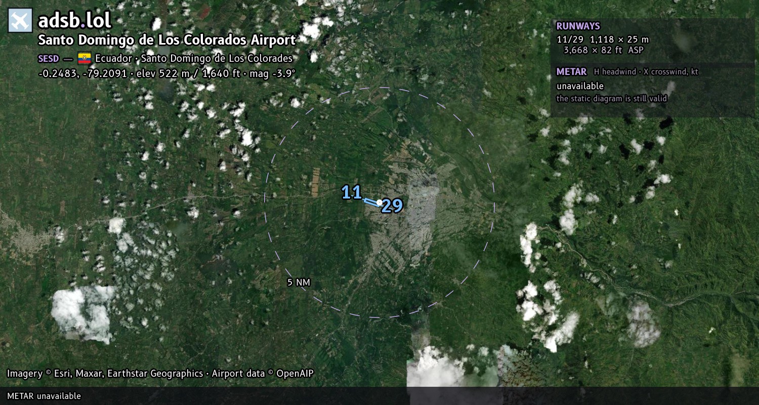 Satellite map with the runway layout of Santo Domingo de Los Colorados Airport (SESD)