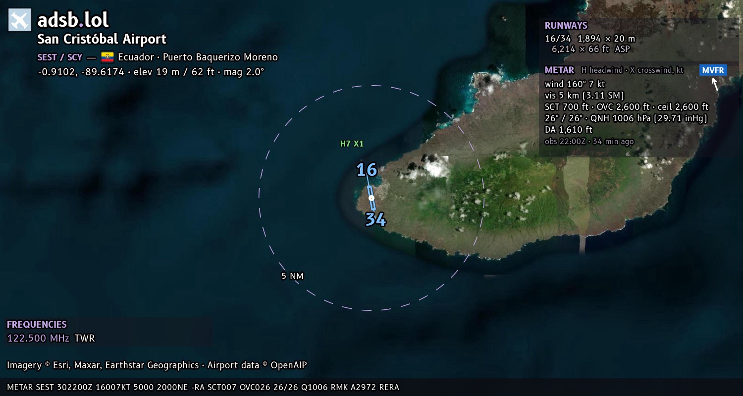 Satellite map with the runway layout of San Cristóbal Airport (SEST)