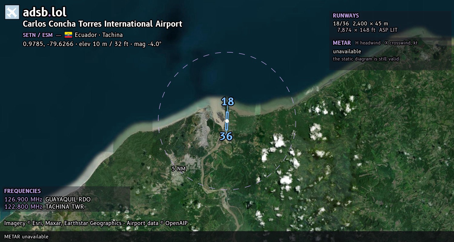 Satellite map with the runway layout of Carlos Concha Torres International Airport (SETN)