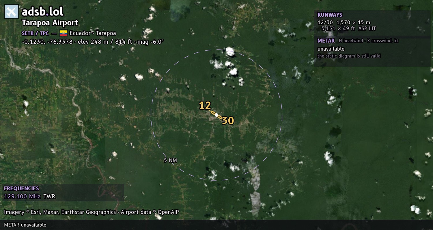 Satellite map with the runway layout of Tarapoa Airport (SETR)