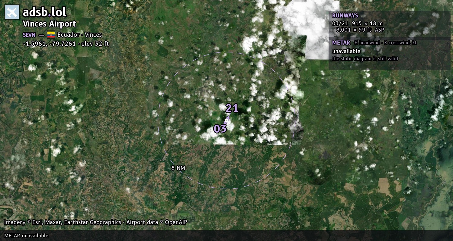 Satellite map with the runway layout of Vinces Airport (SEVN)