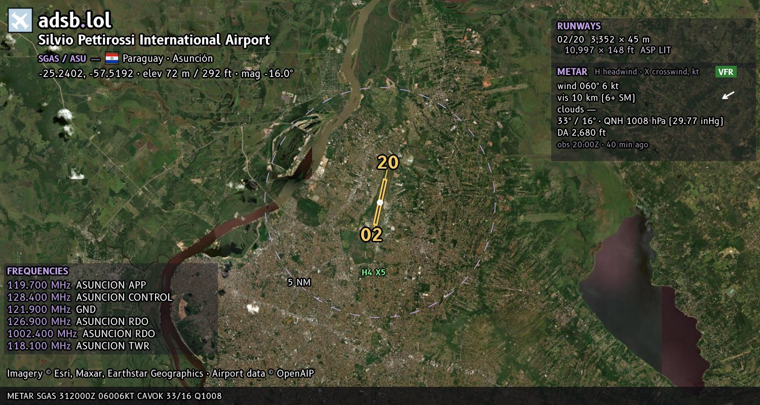 Satellite map with the runway layout of Silvio Pettirossi International Airport (SGAS)