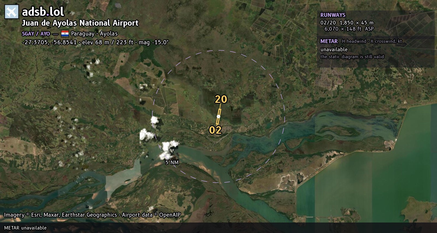 Satellite map with the runway layout of Juan de Ayolas National Airport (SGAY)