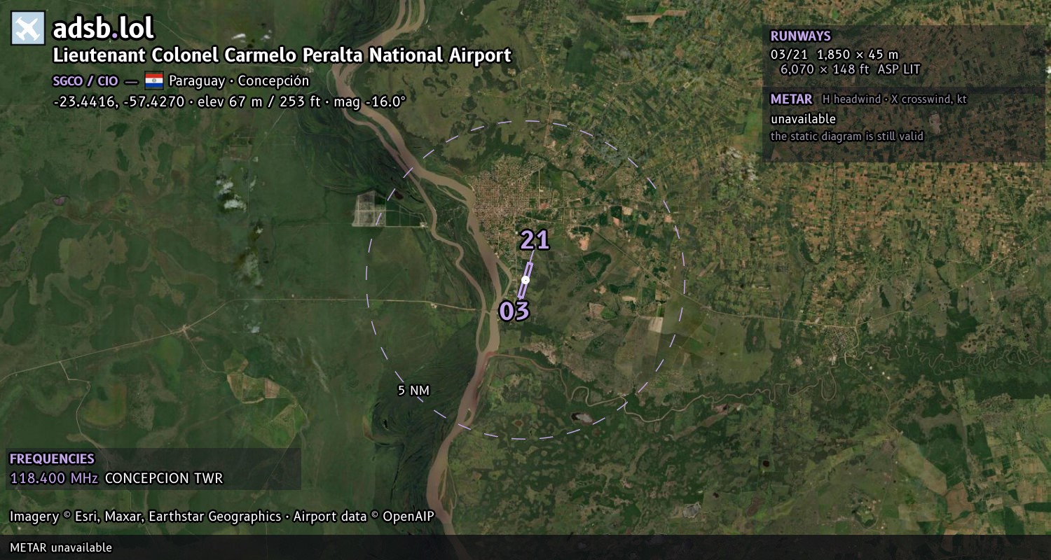 Satellite map with the runway layout of Lieutenant Colonel Carmelo Peralta National Airport (SGCO)
