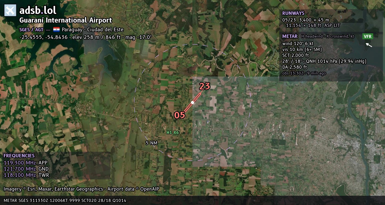 Satellite map with the runway layout of Guaraní International Airport (SGES)