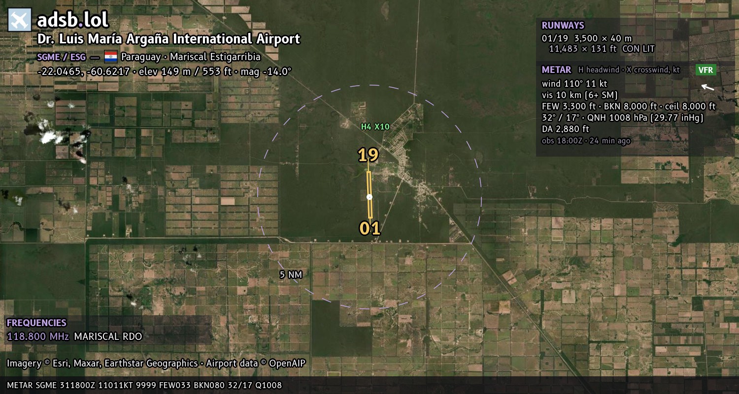 Satellite map with the runway layout of Dr. Luis María Argaña International Airport (SGME)