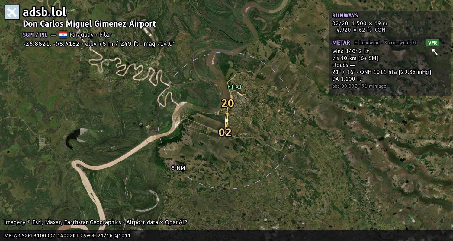 Satellite map with the runway layout of Don Carlos Miguel Gimenez Airport (SGPI)