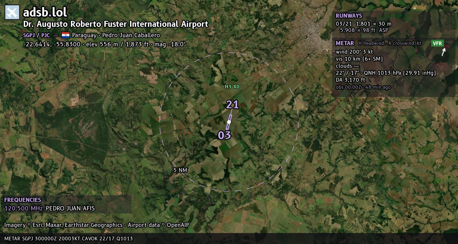 Satellite map with the runway layout of Dr. Augusto Roberto Fuster International Airport (SGPJ)