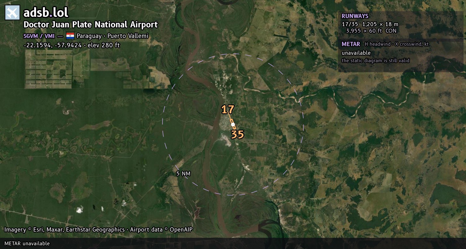 Satellite map with the runway layout of Doctor Juan Plate National Airport (SGVM)