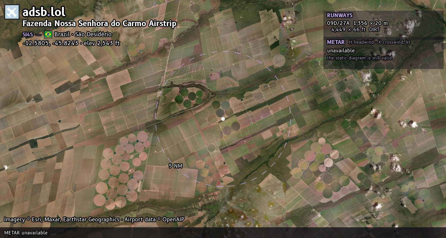 Satellite map with the runway layout of Fazenda Nossa Senhora do Carmo Airstrip (SI4S)