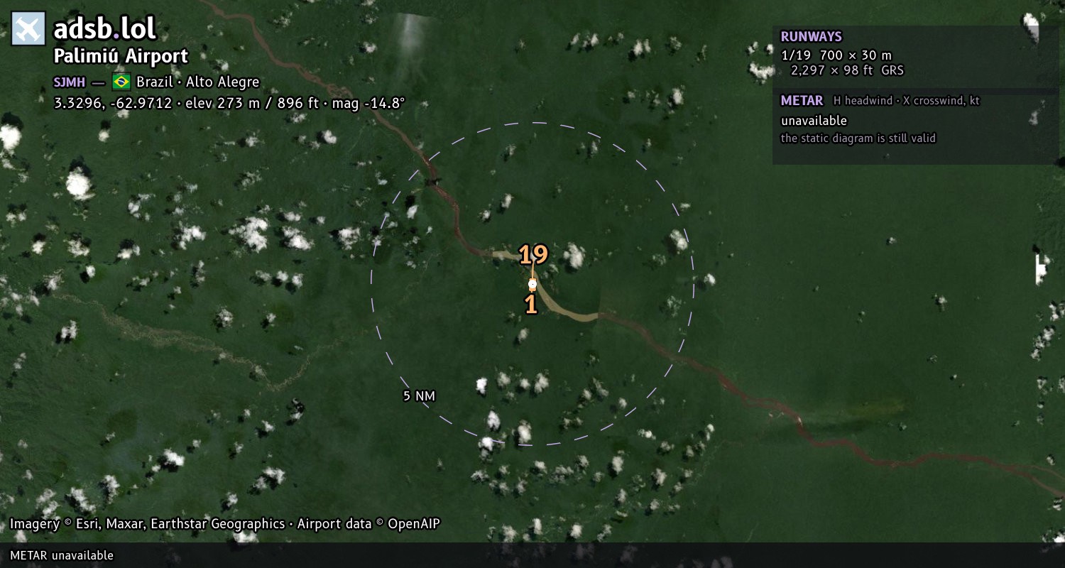 Satellite map with the runway layout of Palimiú Airport (SJMH)