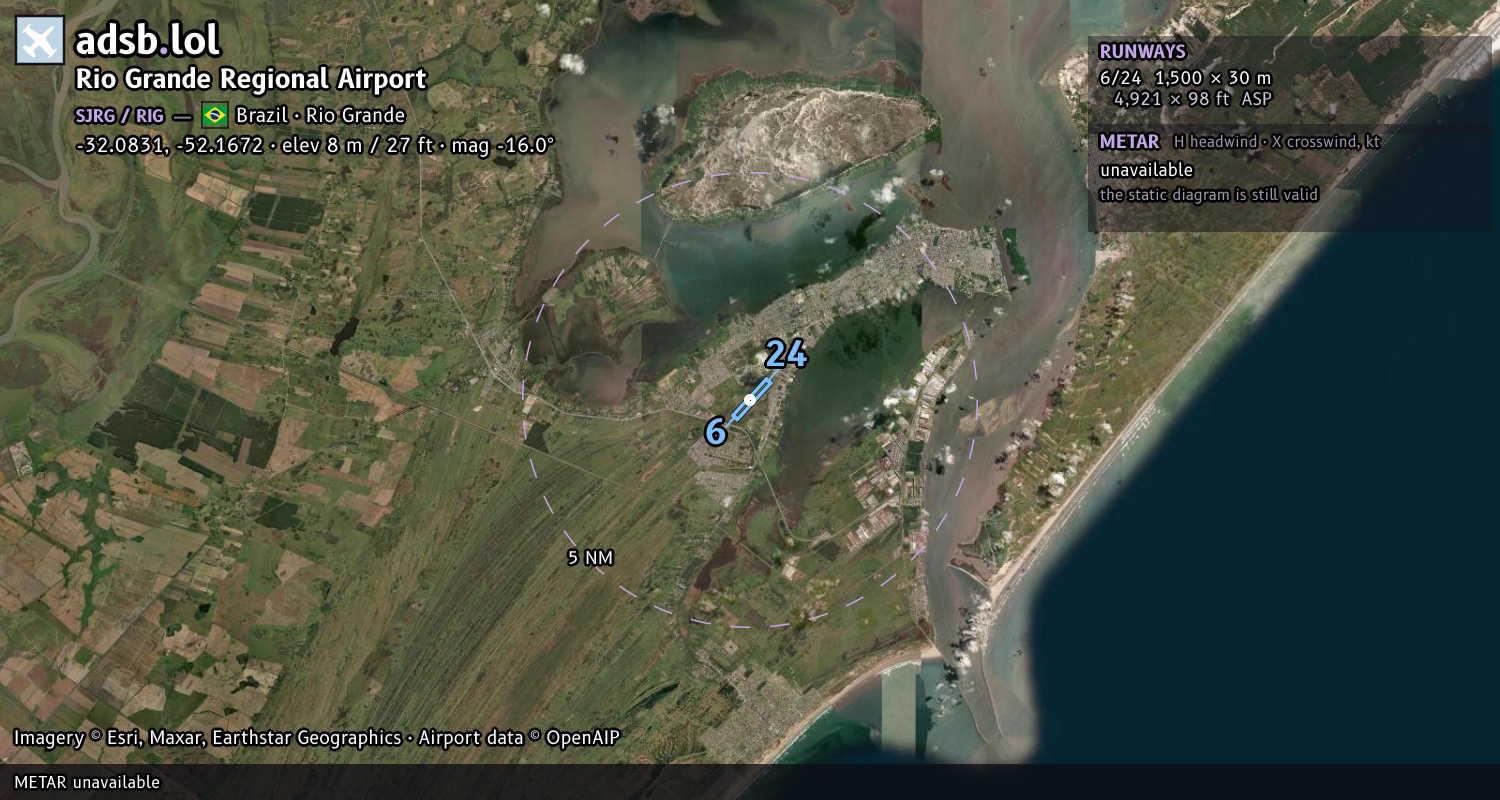Satellite map with the runway layout of Rio Grande Regional Airport (SJRG)