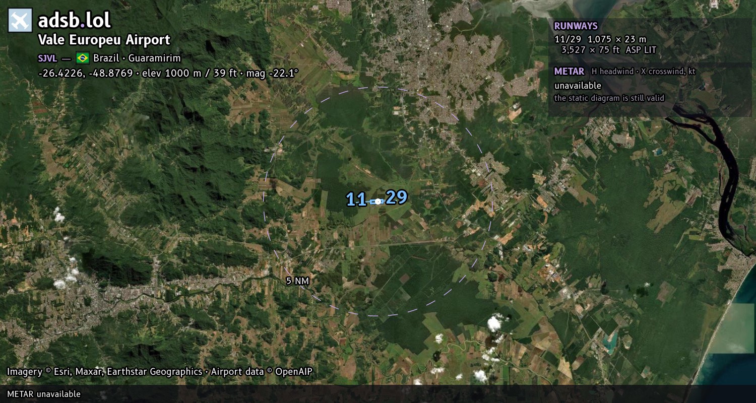 Satellite map with the runway layout of Vale Europeu Airport (SJVL)