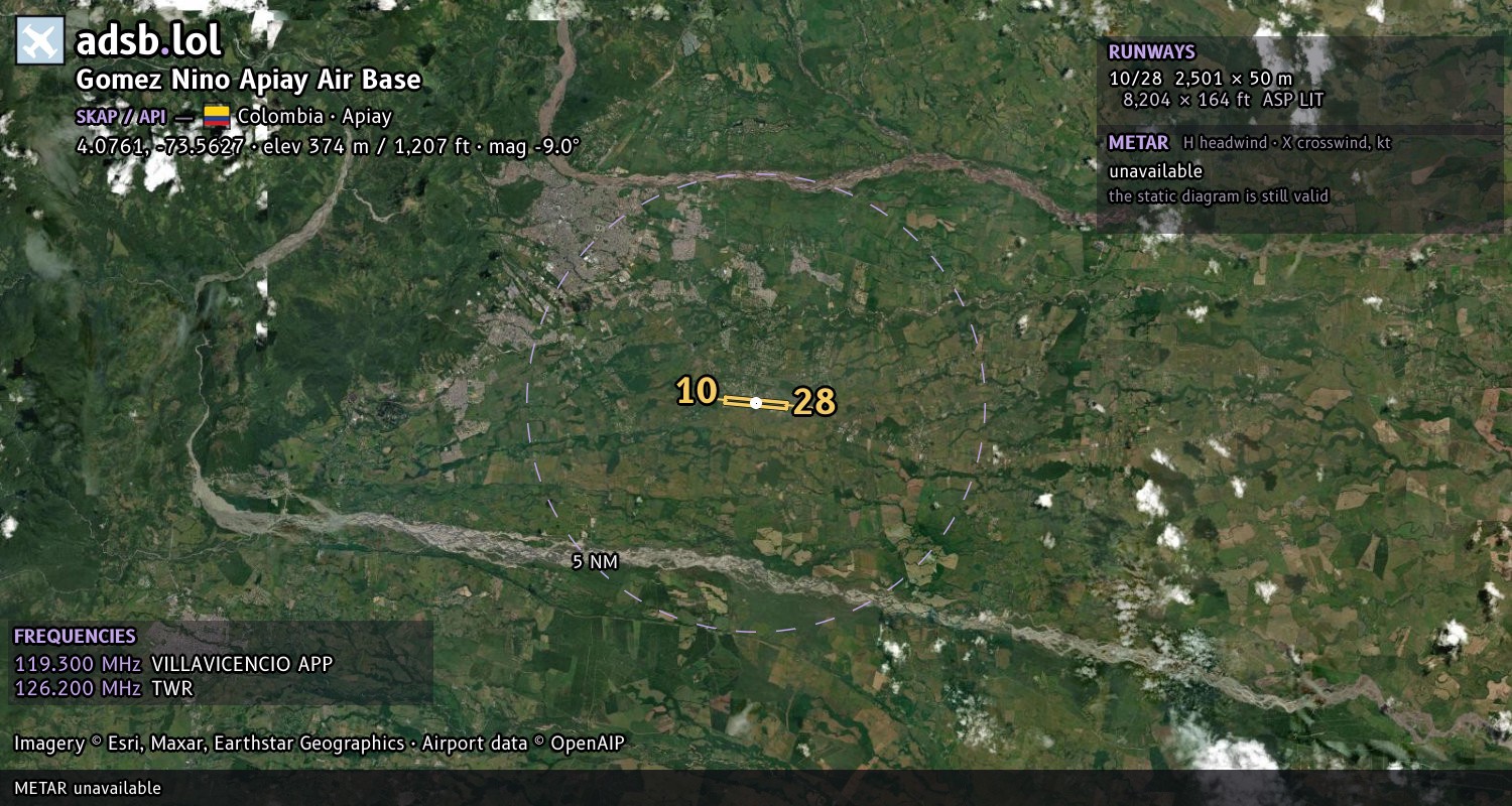 Satellite map with the runway layout of Gomez Nino Apiay Air Base (SKAP)