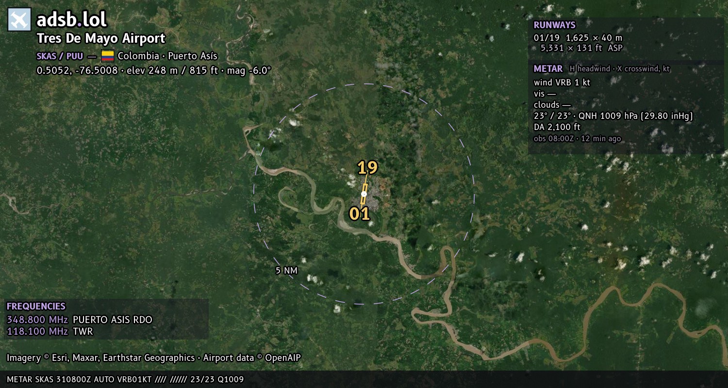 Satellite map with the runway layout of Tres De Mayo Airport (SKAS)