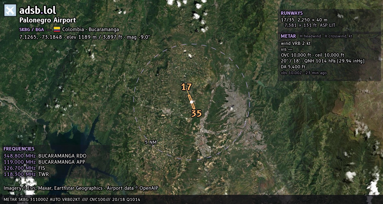 Satellite map with the runway layout of Palonegro Airport (SKBG)