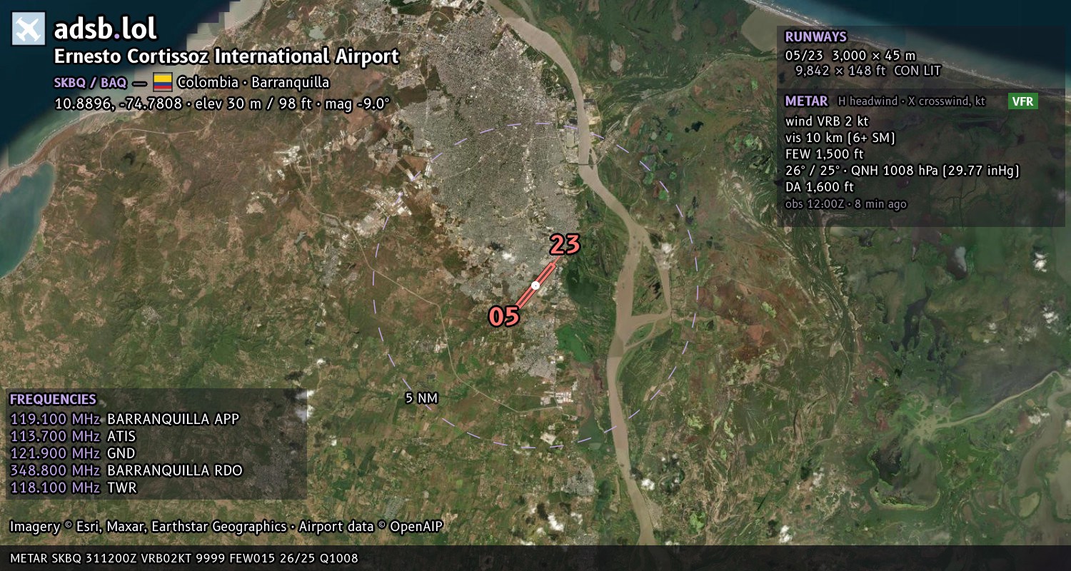 Satellite map with the runway layout of Ernesto Cortissoz International Airport (SKBQ)