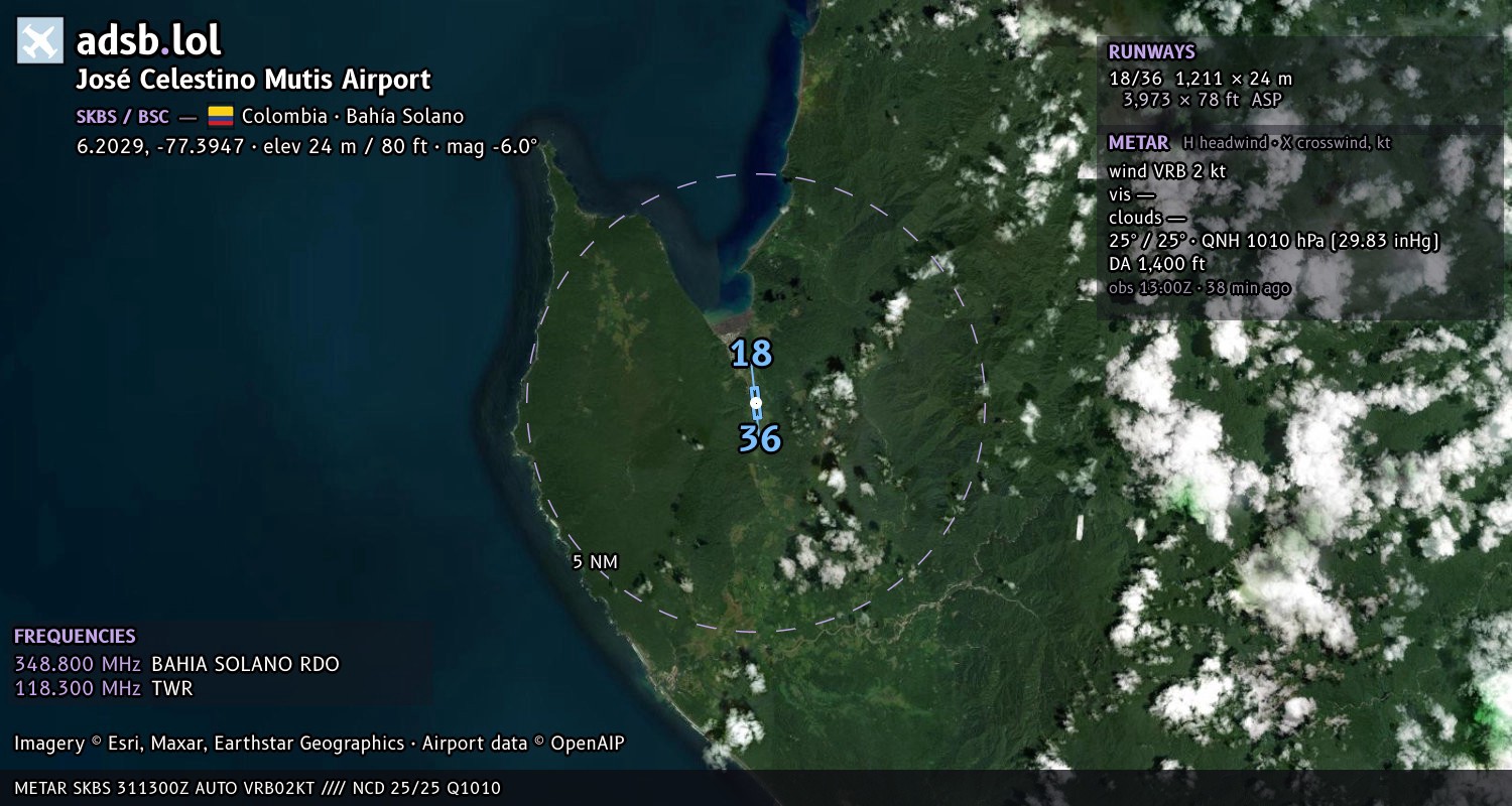 Satellite map with the runway layout of José Celestino Mutis Airport (SKBS)
