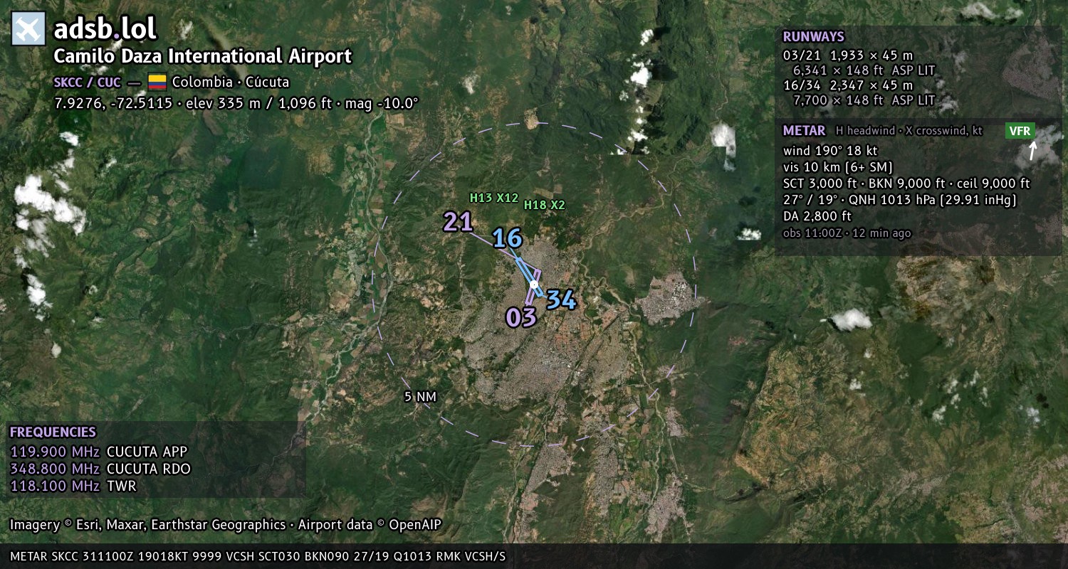 Satellite map with the runway layout of Camilo Daza International Airport (SKCC)