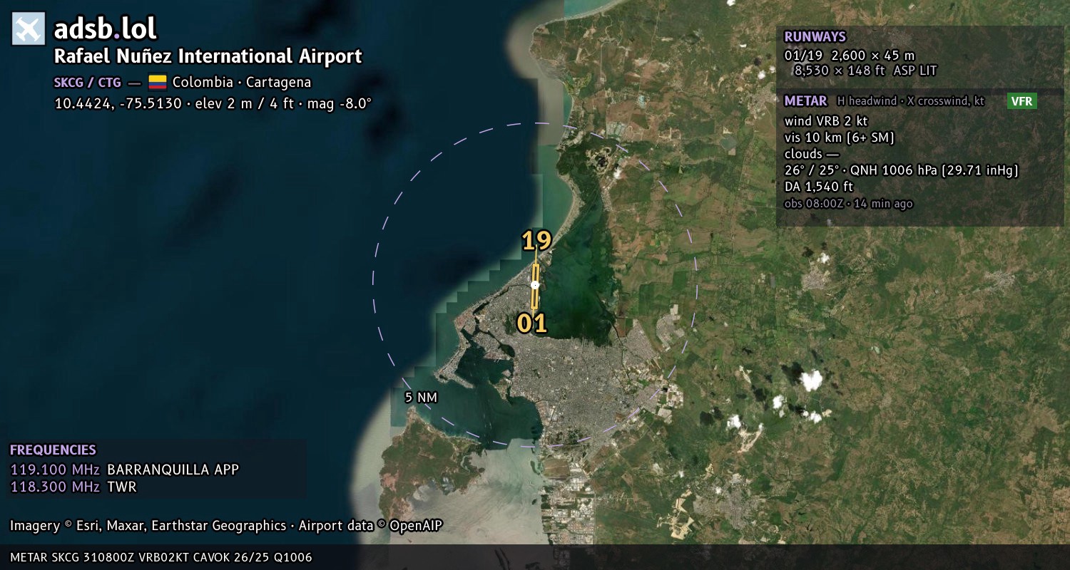 Satellite map with the runway layout of Rafael Nuñez International Airport (SKCG)