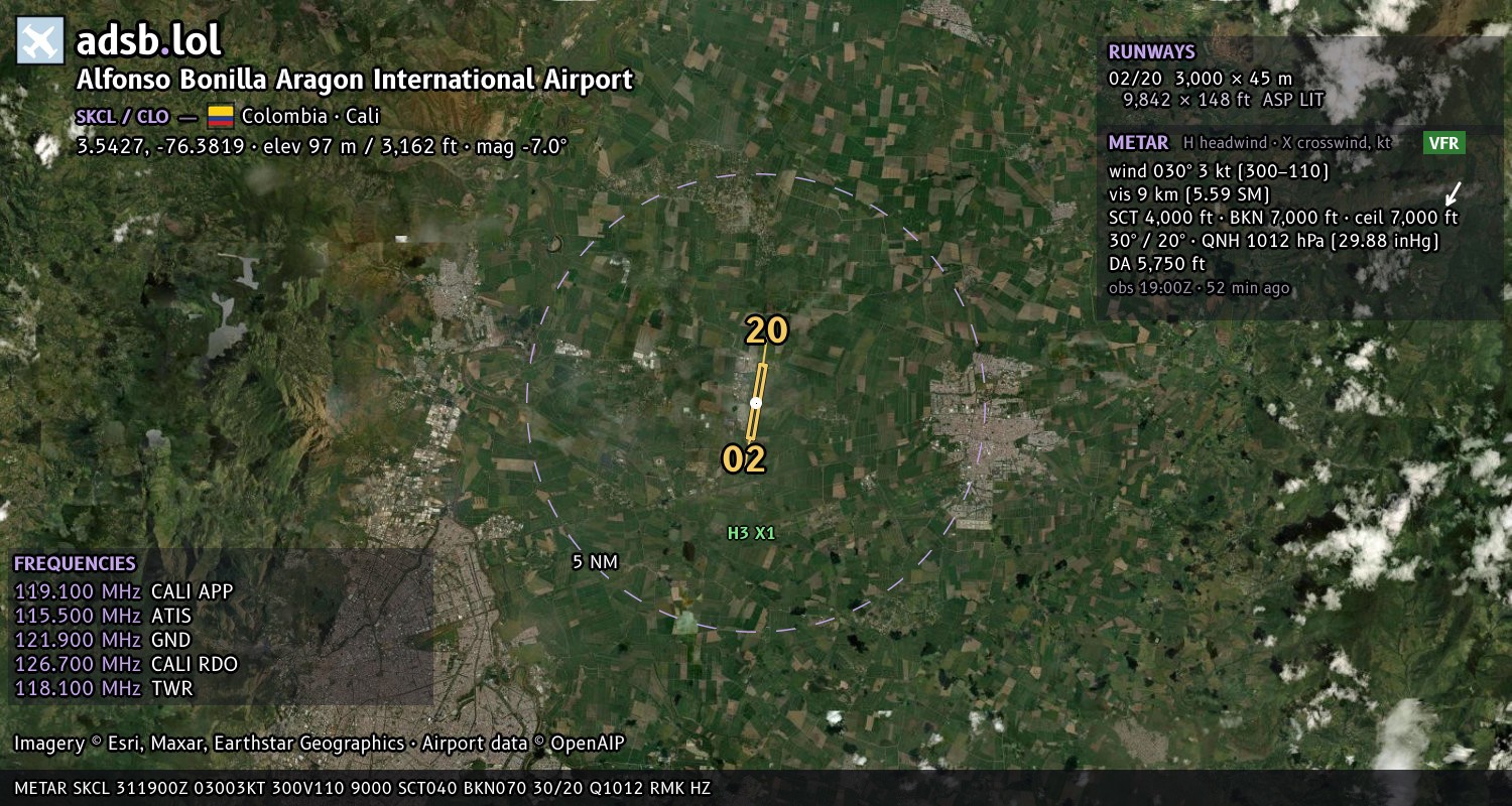 Satellite map with the runway layout of Alfonso Bonilla Aragon International Airport (SKCL)