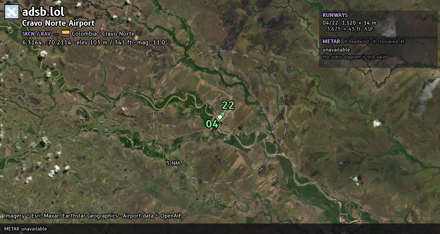 Satellite map with the runway layout of Cravo Norte Airport (SKCN)