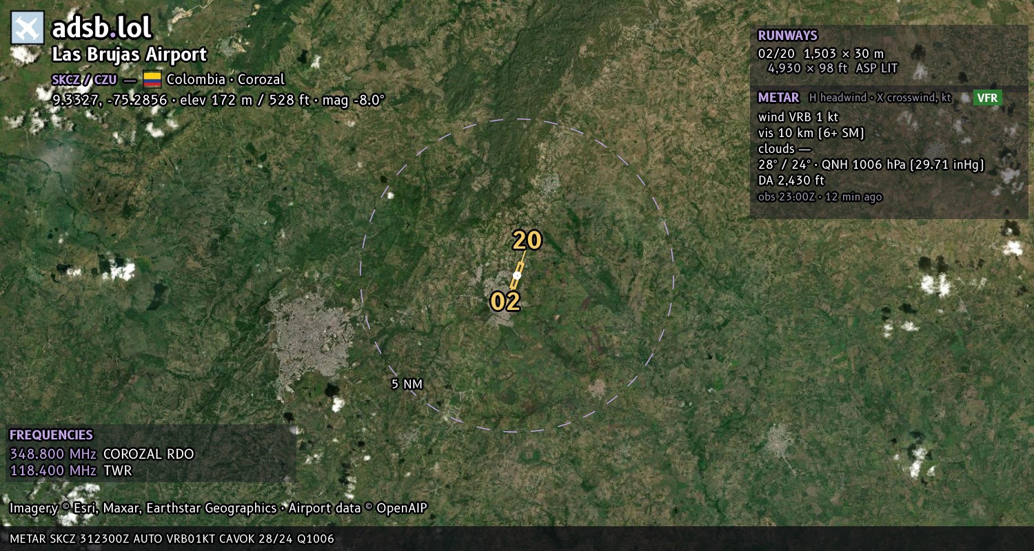 Satellite map with the runway layout of Las Brujas Airport (SKCZ)