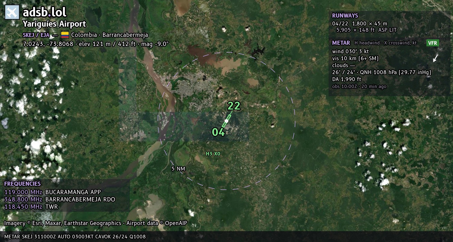Satellite map with the runway layout of Yariguíes Airport (SKEJ)