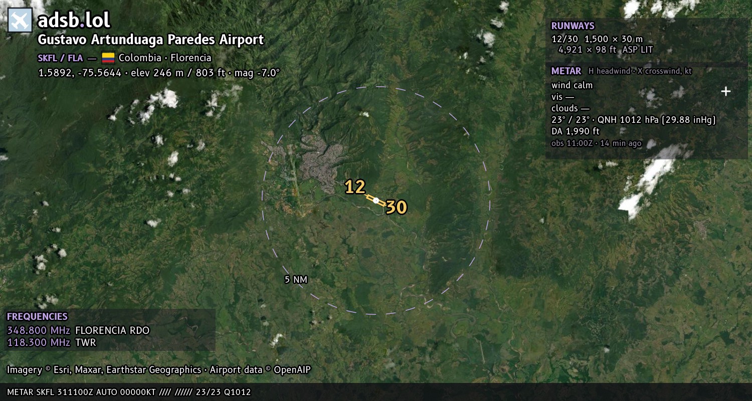 Satellite map with the runway layout of Gustavo Artunduaga Paredes Airport (SKFL)