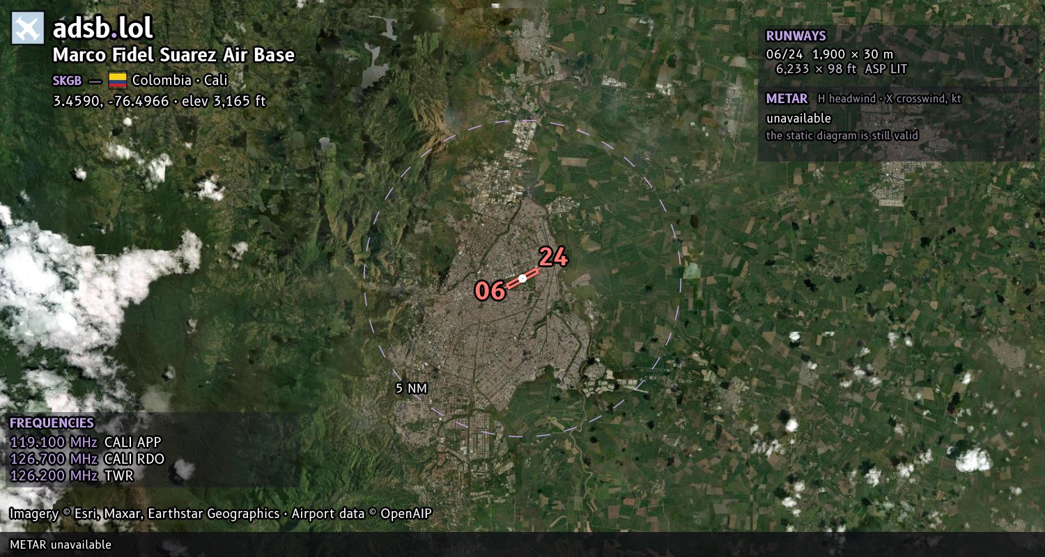Satellite map with the runway layout of Marco Fidel Suarez Air Base (SKGB)