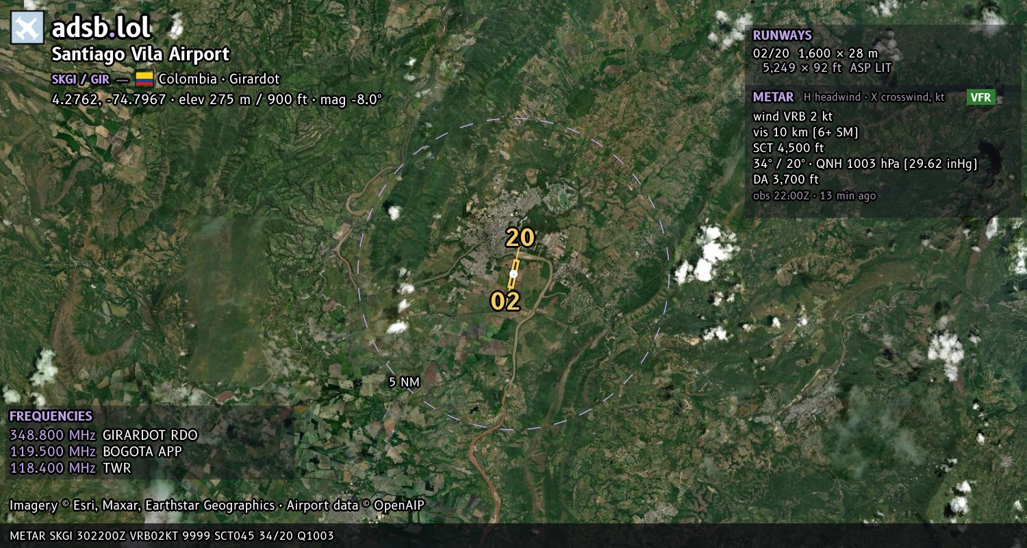 Satellite map with the runway layout of Santiago Vila Airport (SKGI)