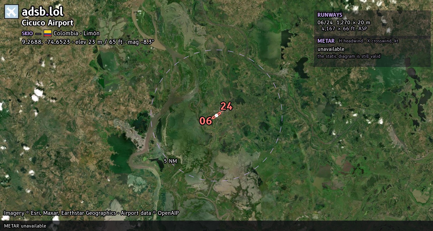Satellite map with the runway layout of Cicuco Airport (SKIO)