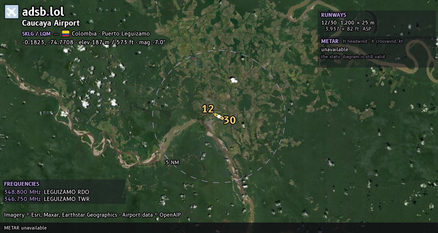 Satellite map with the runway layout of Caucaya Airport (SKLG)