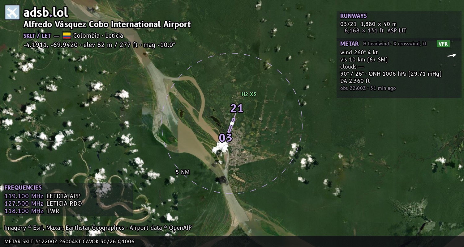 Satellite map with the runway layout of Alfredo Vásquez Cobo International Airport (SKLT)