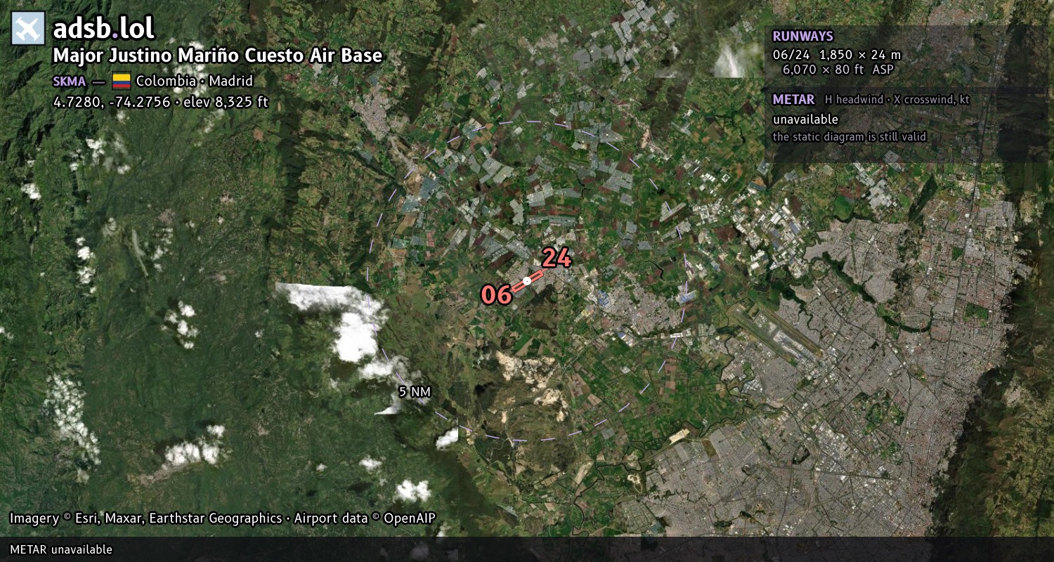 Satellite map with the runway layout of Major Justino Mariño Cuesto Air Base (SKMA)