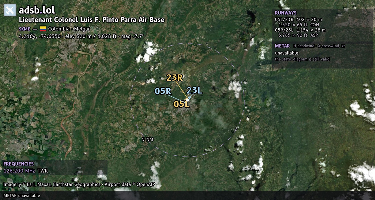 Satellite map with the runway layout of Lieutenant Colonel Luis F. Pinto Parra Air Base (SKME)