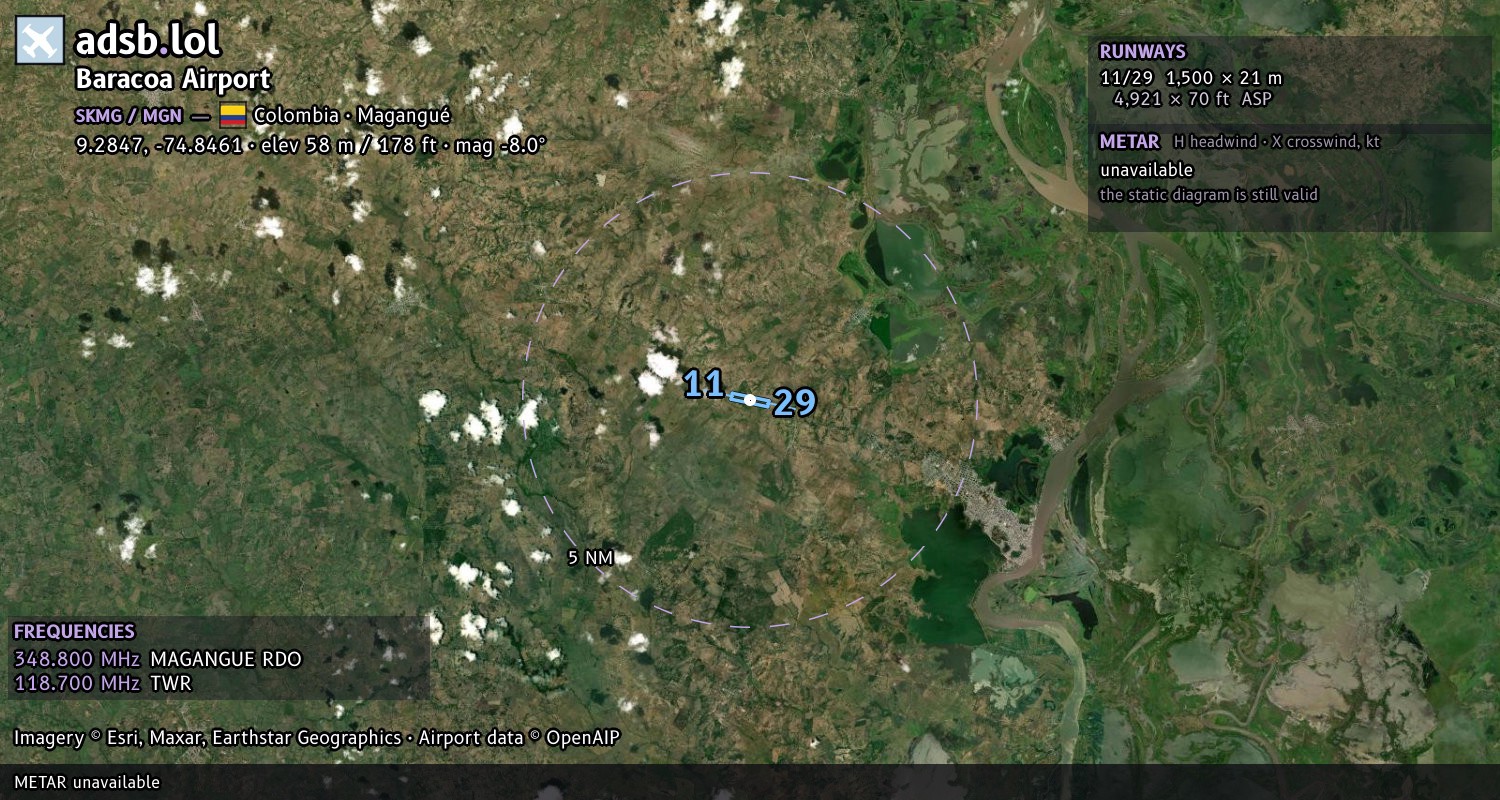 Satellite map with the runway layout of Baracoa Airport (SKMG)