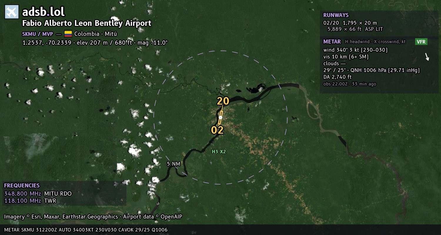 Satellite map with the runway layout of Fabio Alberto Leon Bentley Airport (SKMU)