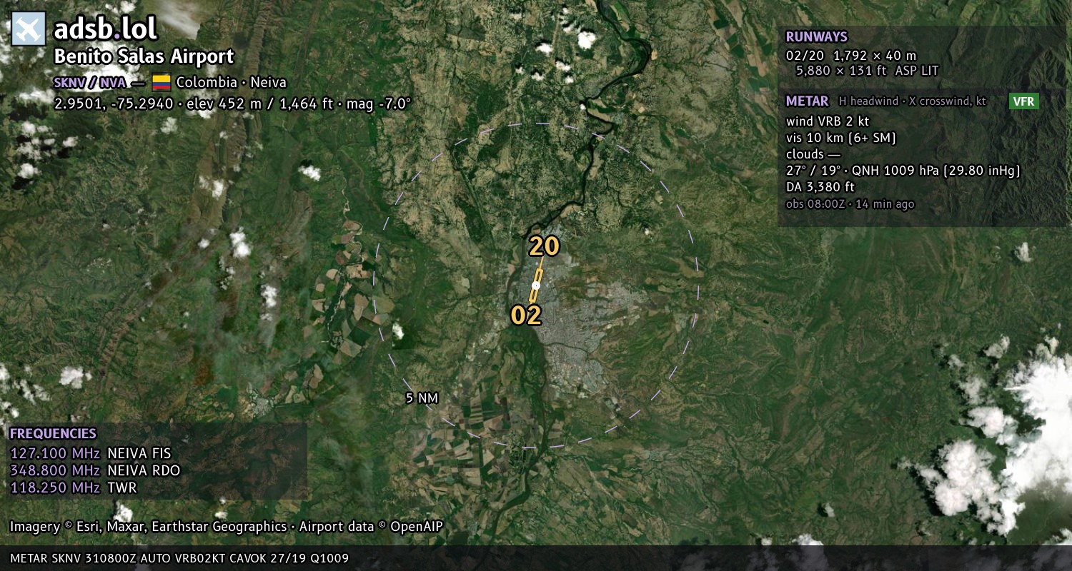 Satellite map with the runway layout of Benito Salas Airport (SKNV)