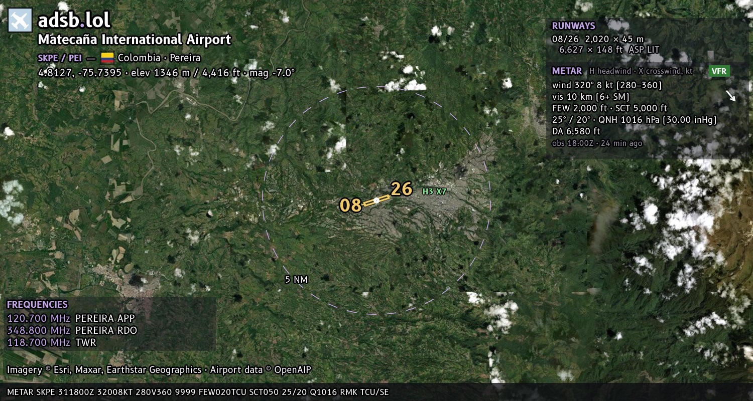 Satellite map with the runway layout of Matecaña International Airport (SKPE)