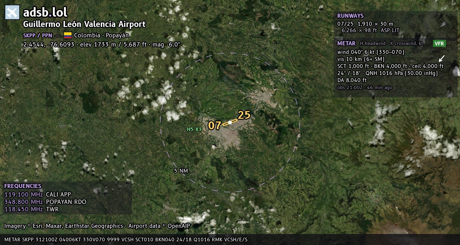 Satellite map with the runway layout of Guillermo León Valencia Airport (SKPP)