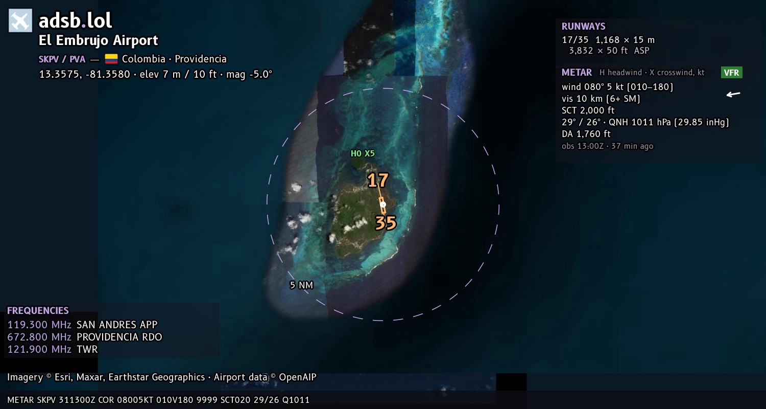 Satellite map with the runway layout of El Embrujo Airport (SKPV)