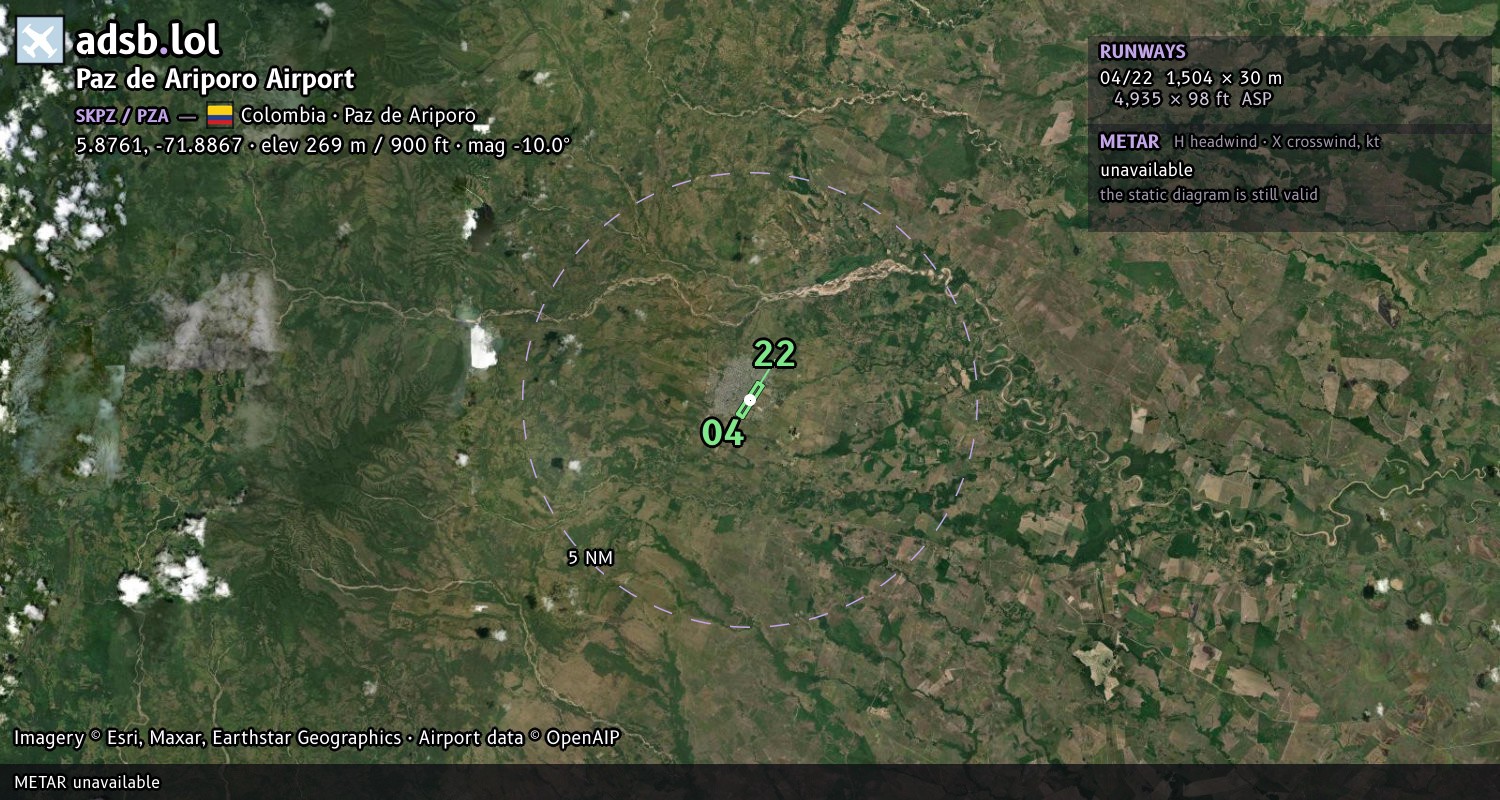 Satellite map with the runway layout of Paz de Ariporo Airport (SKPZ)